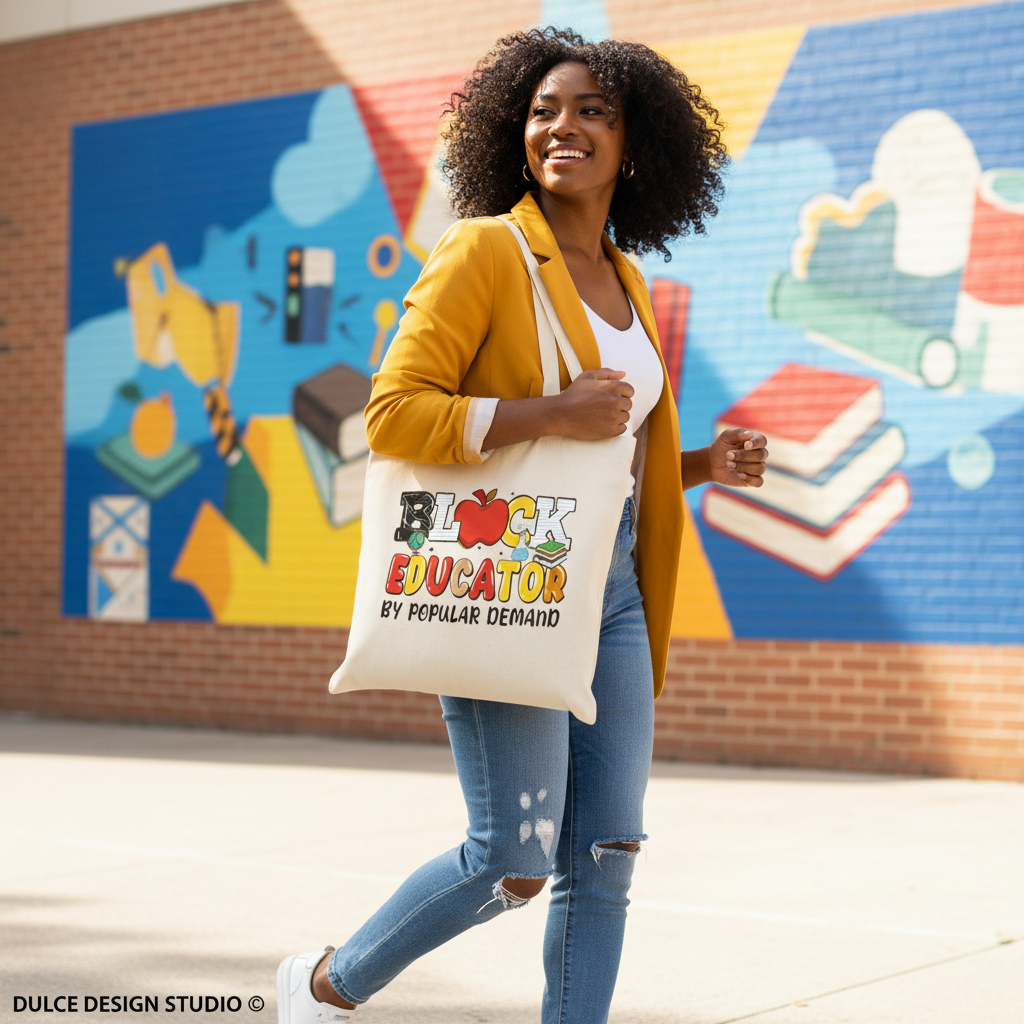 Woman holding a tote bag with 'Black Educator by Popular Demand' text in front of a colorful mural.