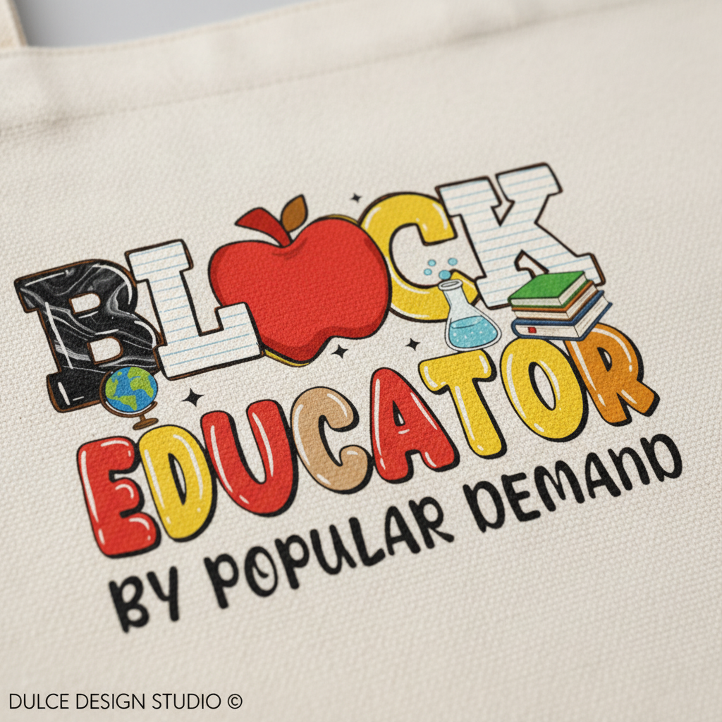 Beige tote bag with colorful text and graphics on a white background