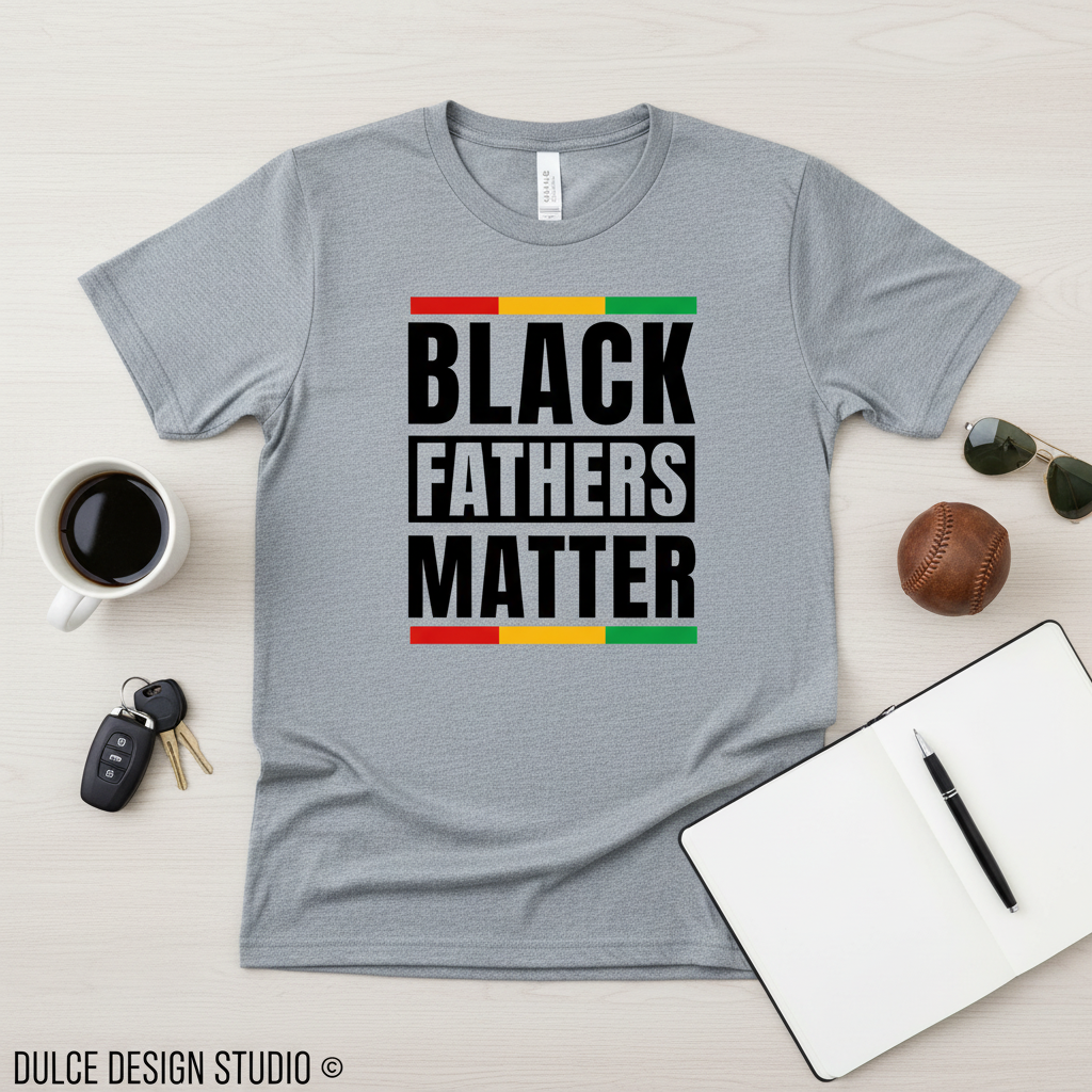 Gray t-shirt with 'Black Fathers Matter' text on a light surface with coffee, keys, and sunglasses.