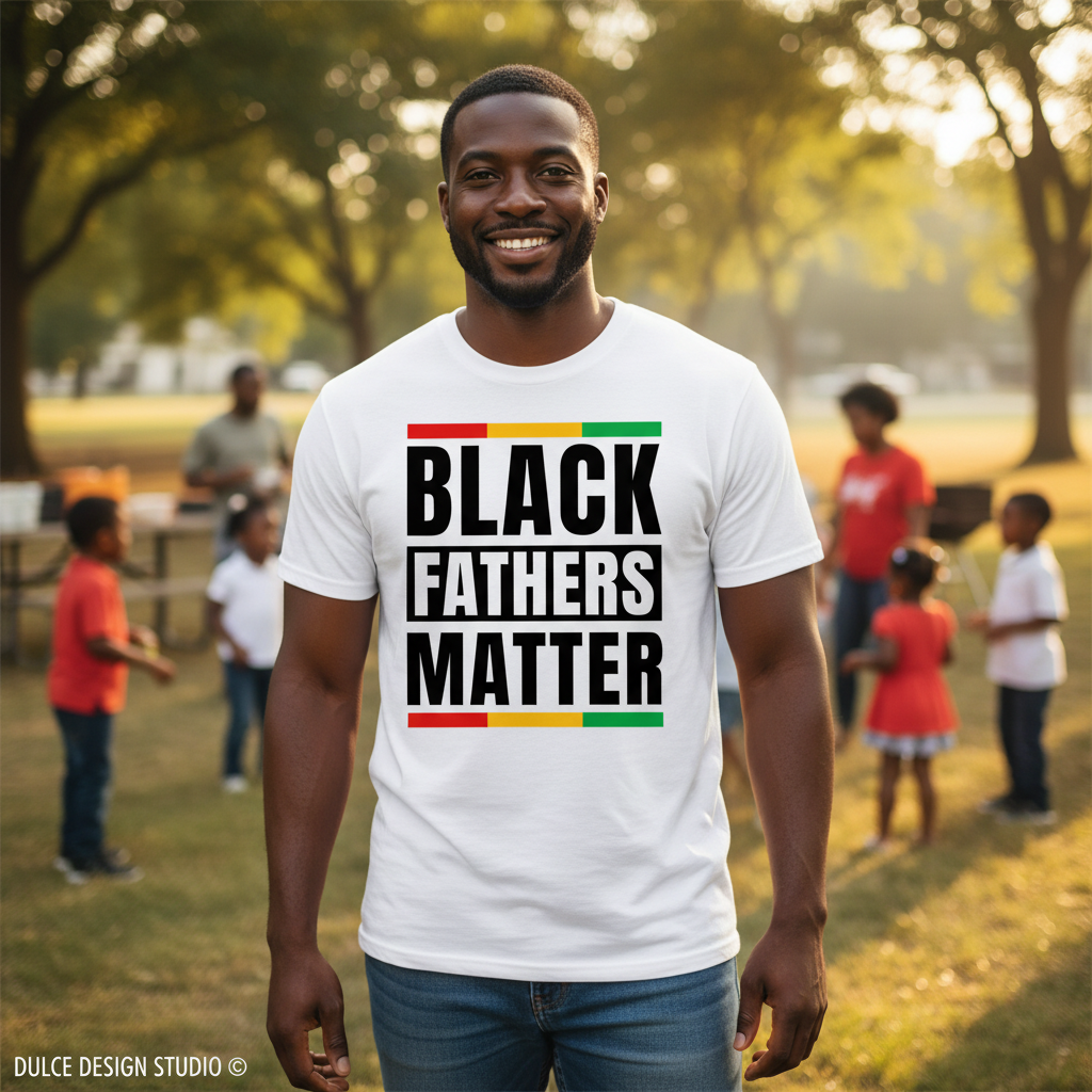 Man wearing a 'Black Fathers Matter' t-shirt in a park setting with other people in the background.