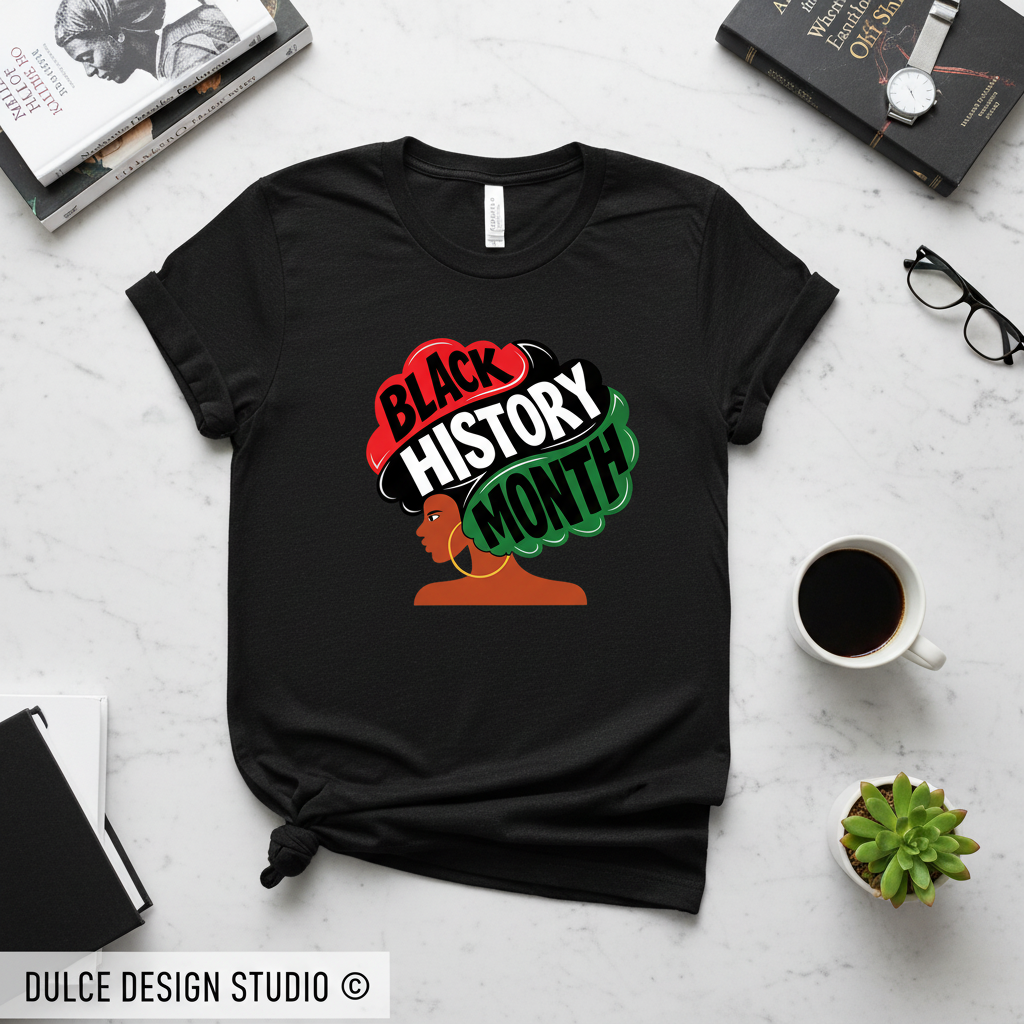 Black t-shirt with 'Black History Month' design on a white surface with books and a cup of coffee.