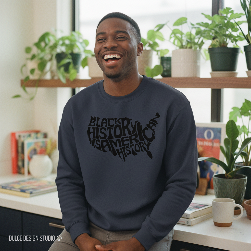 BLACK HISTORY IS AMERICAN HISTORY navy sweatshirt mockup