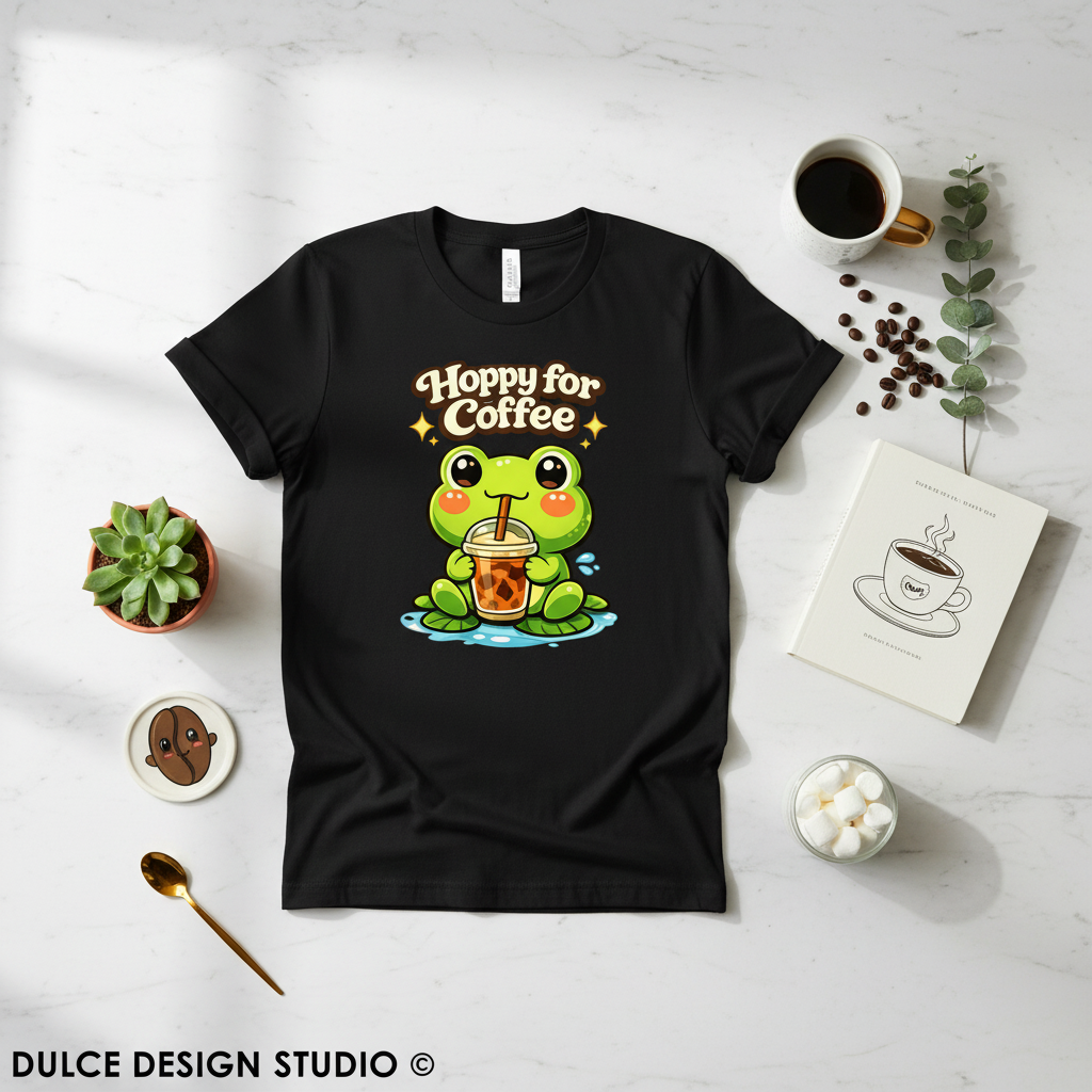Black t-shirt with a frog holding a coffee cup graphic on a white surface with coffee-related items.