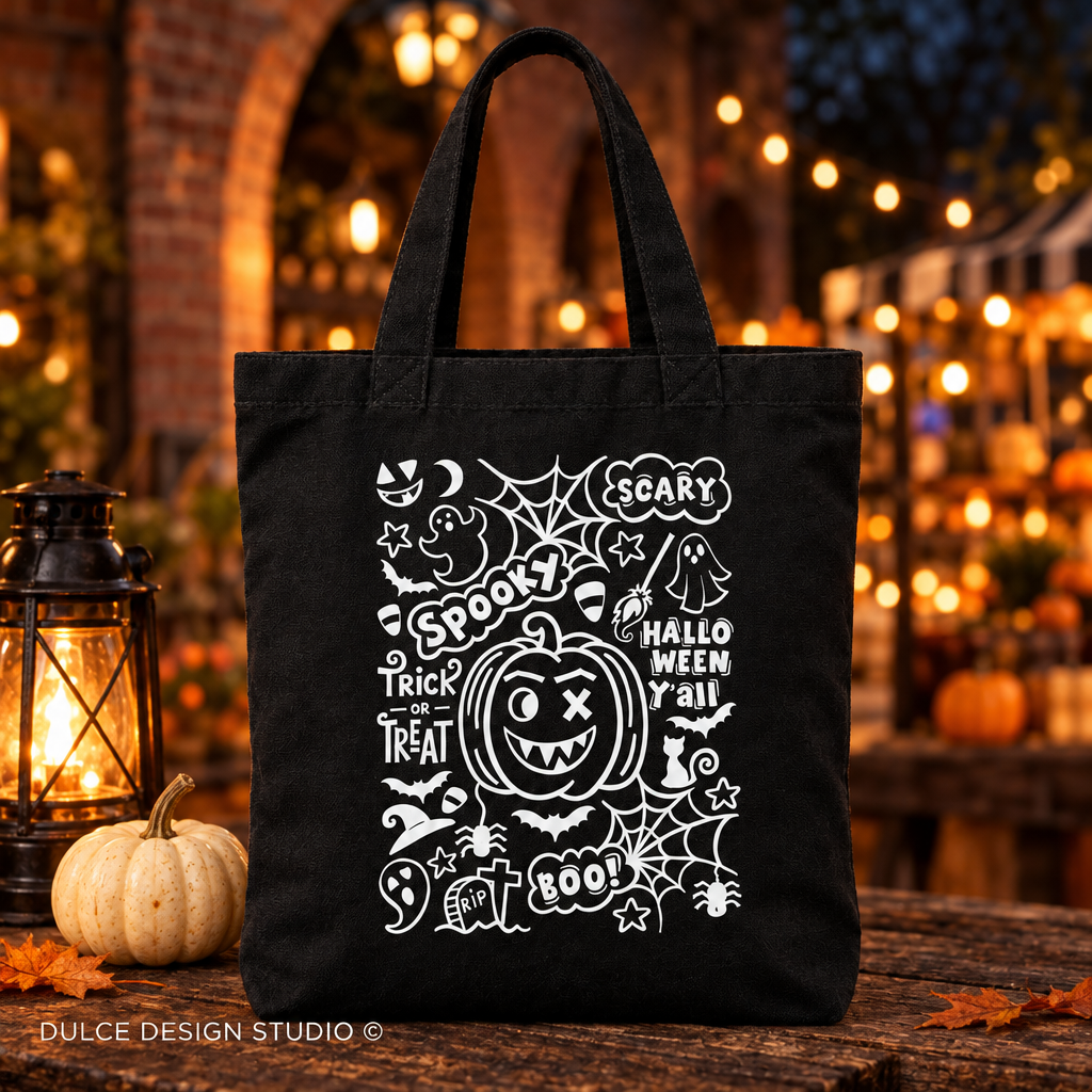 A black canvas tote bag with a white hand-drawn Halloween graphic, displayed on a rustic wooden table with a lit lantern, a small pumpkin, and a warm, blurred outdoor background.