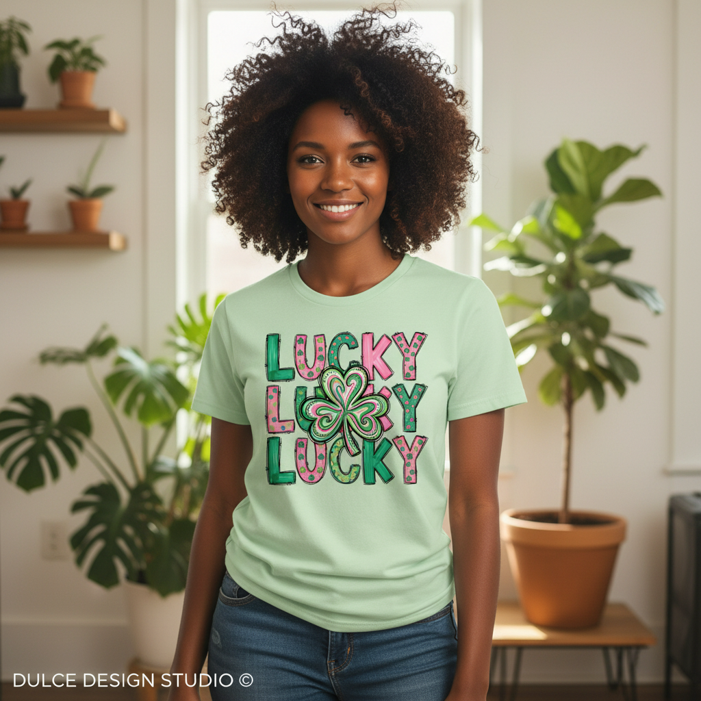 Black woman with natural curly hair wearing light green Bella Canvas tee with Lucky shamrock design