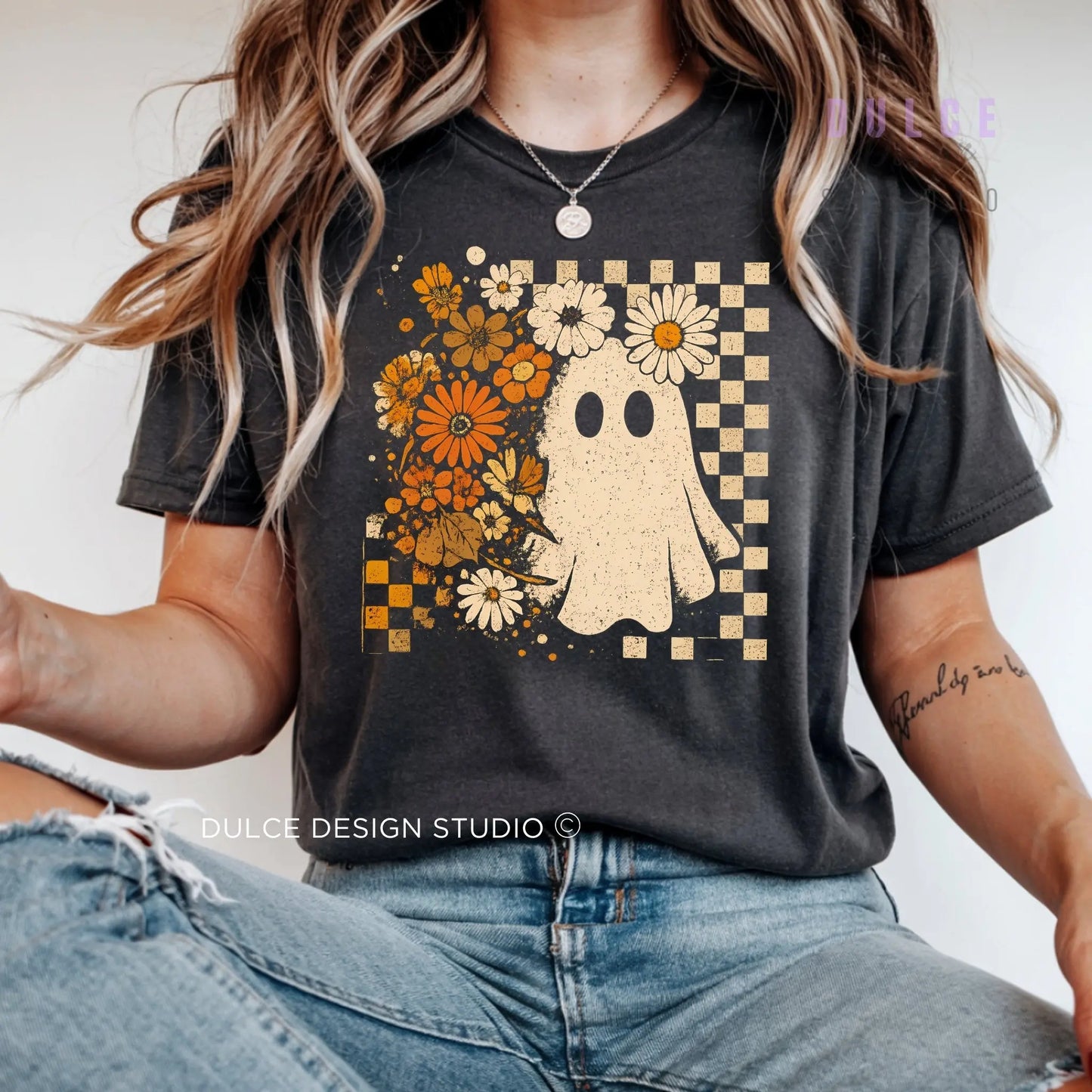 Retro Ghost Shirt – Vintage Checkered Halloween Teein  Product variant-