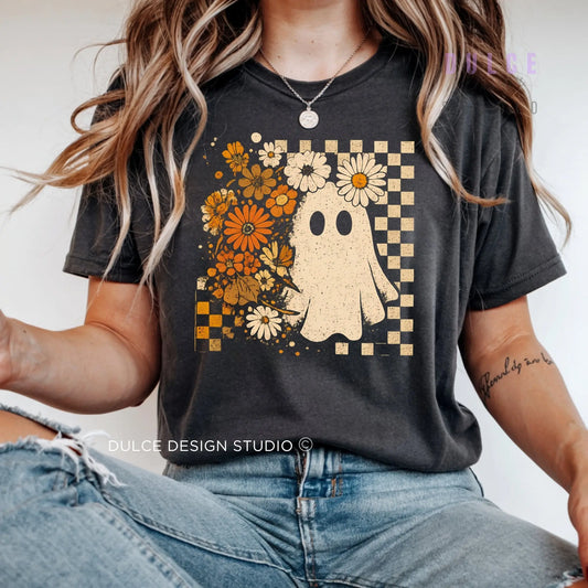 Retro Ghost Shirt – Vintage Checkered Halloween Teein  Product variant-