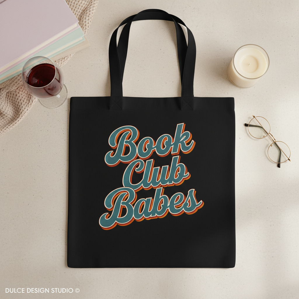 Black tote bag with 'Book Club Babes' text on a light surface with glasses and a candle.