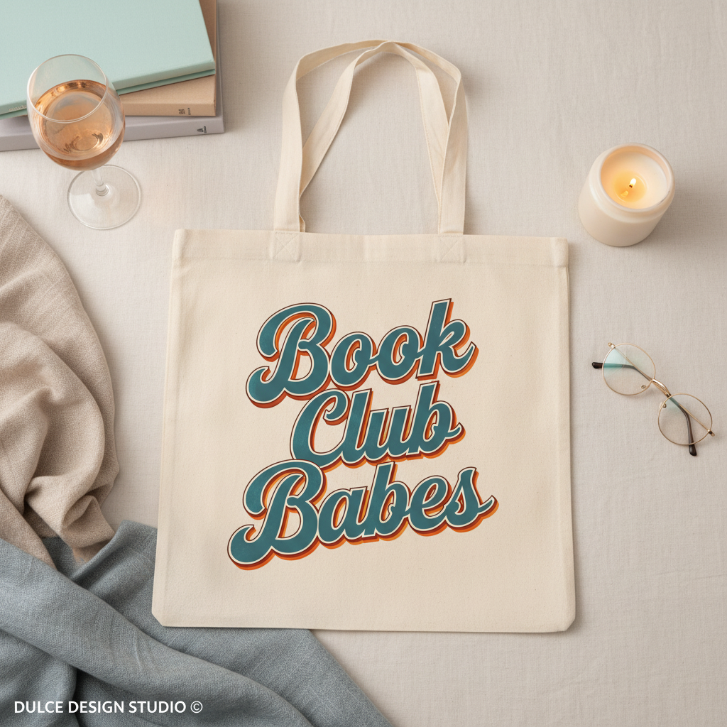 Tote bag with 'Book Club Babes' text on a light surface with glasses and a candle.