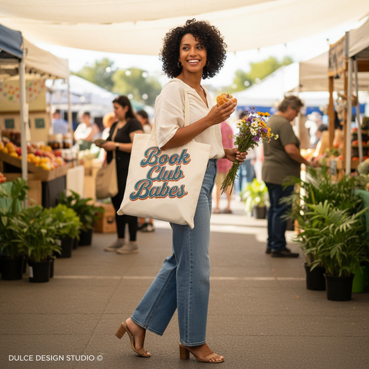 Woman holding a tote bag with 'Book Club Babes' at an outdoor market.