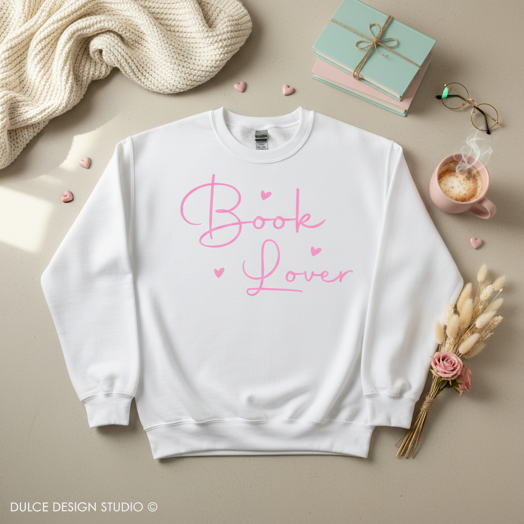 Book Lover White Sweatshirt Flat Lay