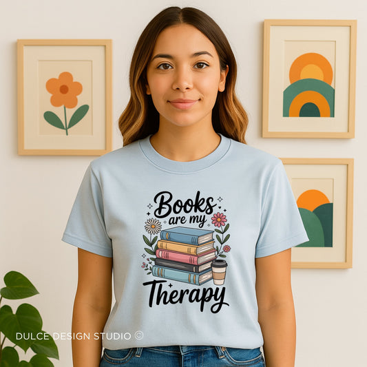 Books Are My Therapy Shirt – Pastel Floral Book Lover Tee-  - Dulce Design Studio