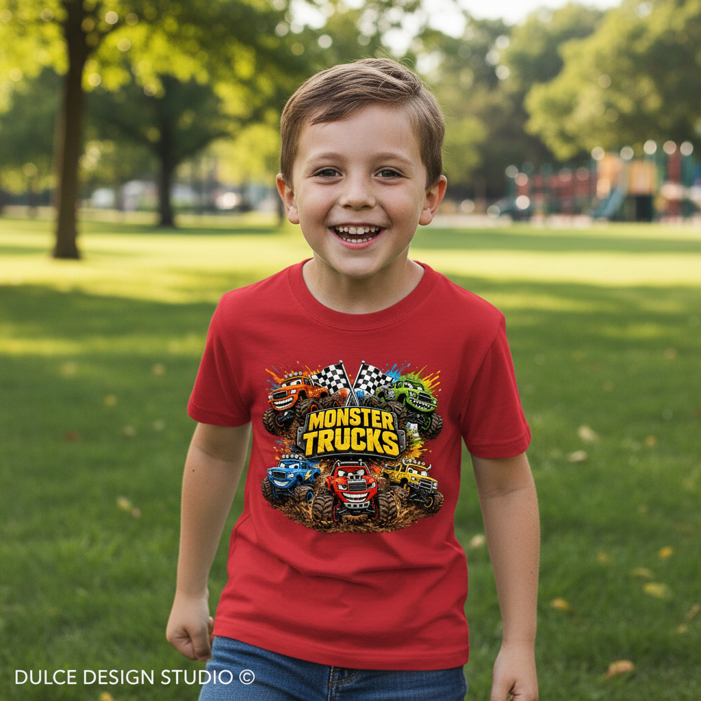 Child wearing a red 'Monster Trucks' t-shirt in a park