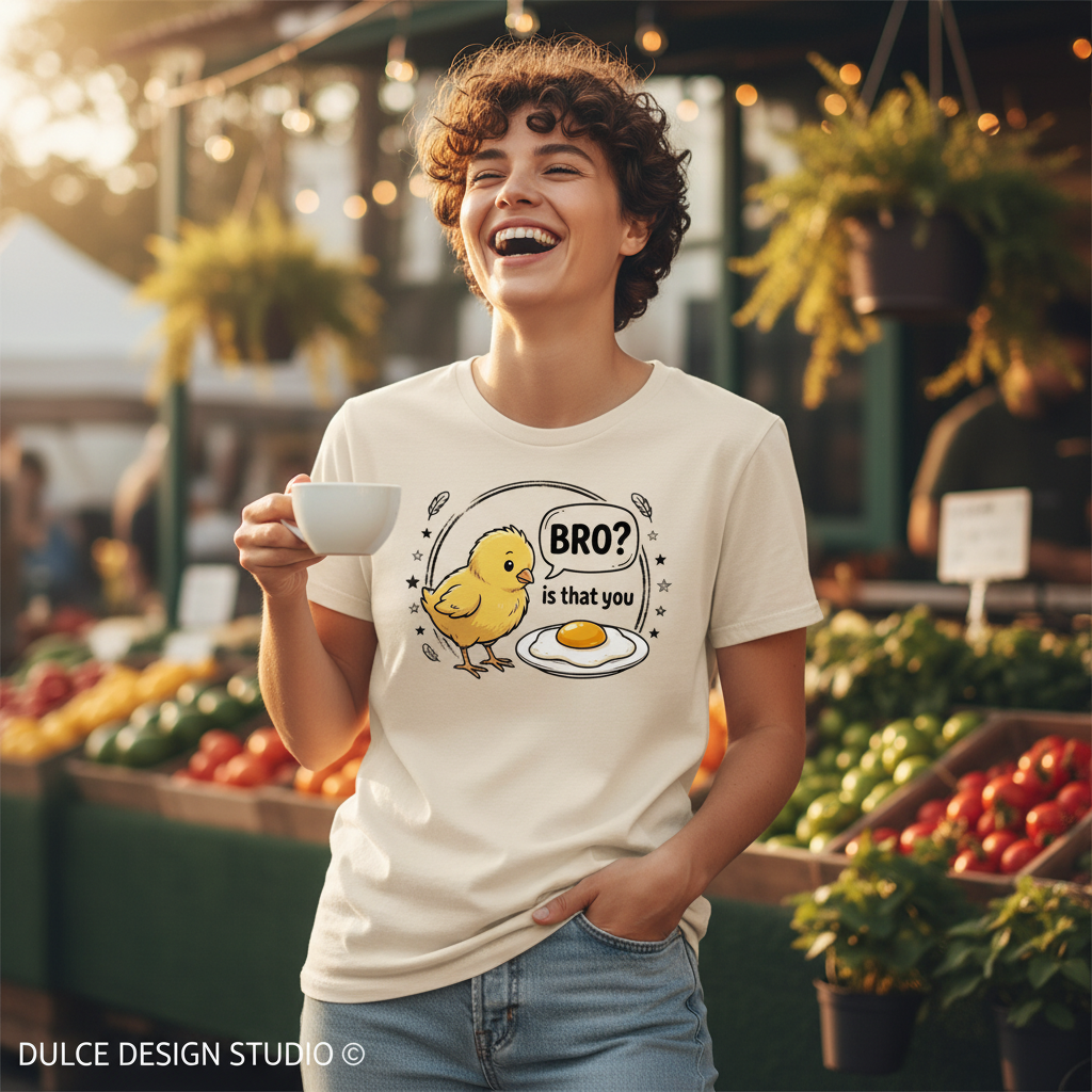 Person wearing a t-shirt with a graphic design at an outdoor market.