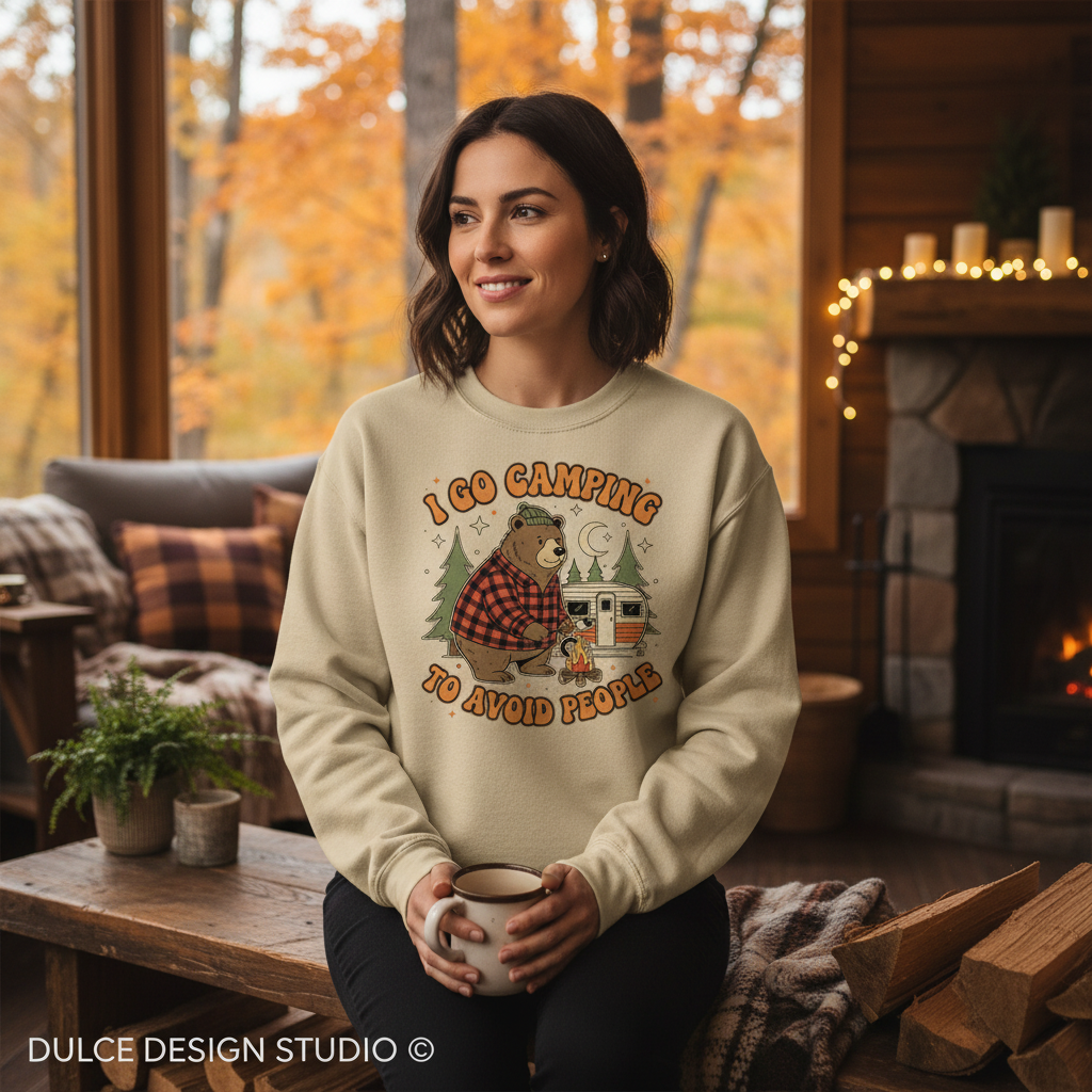 Camping Lifestyle Mockup - Sand Gildan 18000 Women's