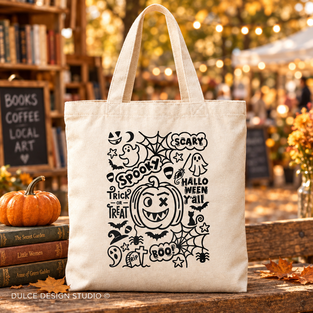 A cream canvas tote bag with black hand-drawn Halloween graphics, including a jack-o'-lantern, ghosts, bats, spiders, and spooky text, standing on a wooden table in a warm, blurred outdoor market setting with a pumpkin and books nearby.