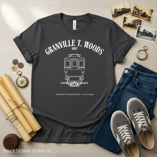 Charcoal Granville T. Woods Railway Telegraphy Tee Flat Lay