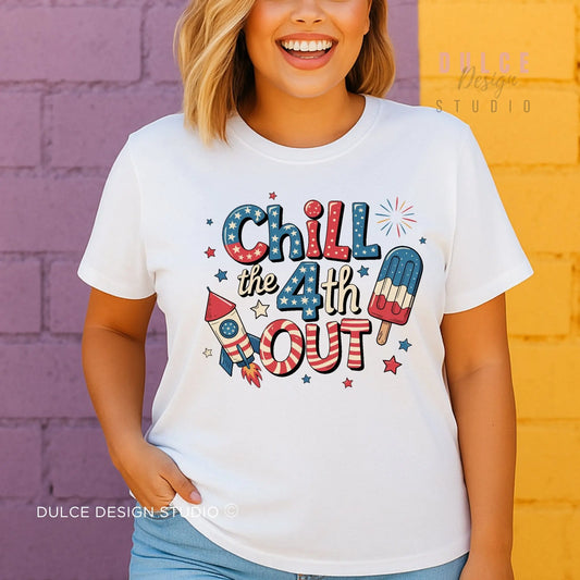 Person wearing a white t-shirt with 'Chill the 4th Out' design against a colorful background