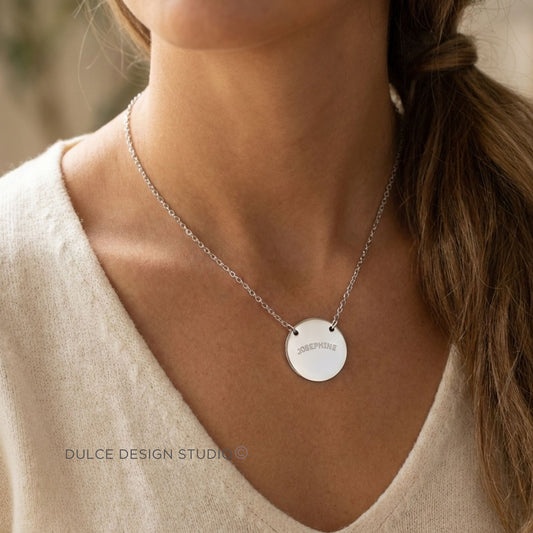 Engraved Round Nameplate Necklace | Personalized Circle Necklace - Dulce Design Studio