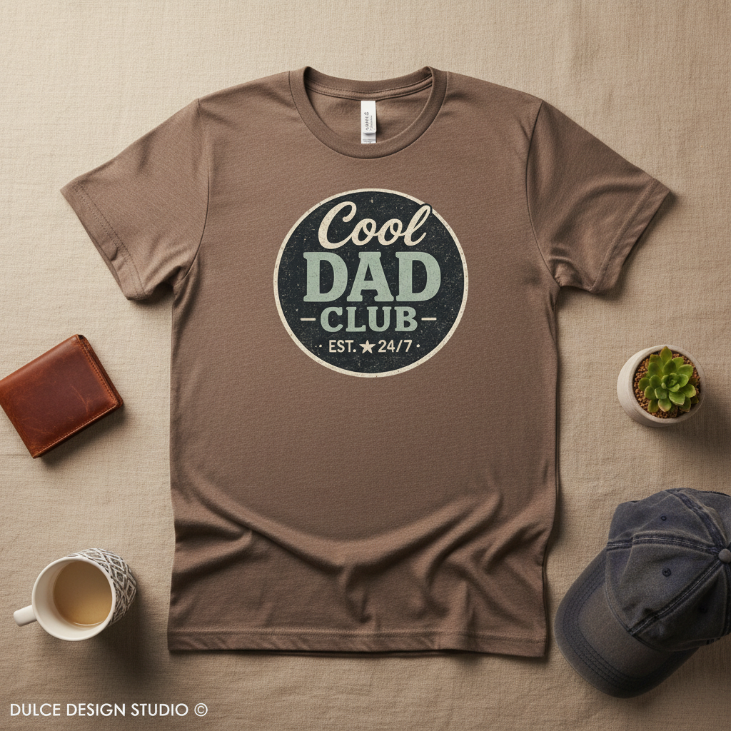 Brown t-shirt with 'Cool Dad Club' graphic on a beige surface with accessories.