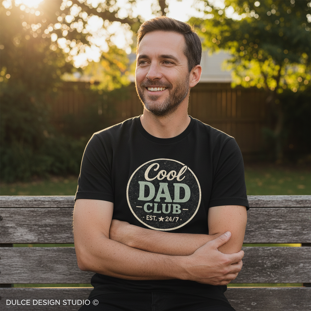 Man wearing a black t-shirt with 'Cool Dad Club' text, sitting on a wooden bench outdoors.
