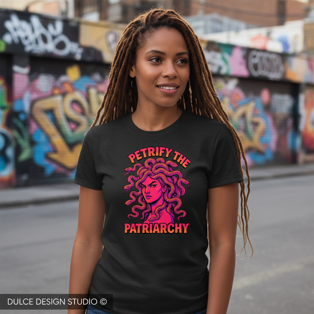 Cool woman wearing black heather Bella Canvas tee