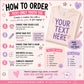 Instructions for ordering a text-only youth tee with a pink t-shirt and text overlay on a pink background.