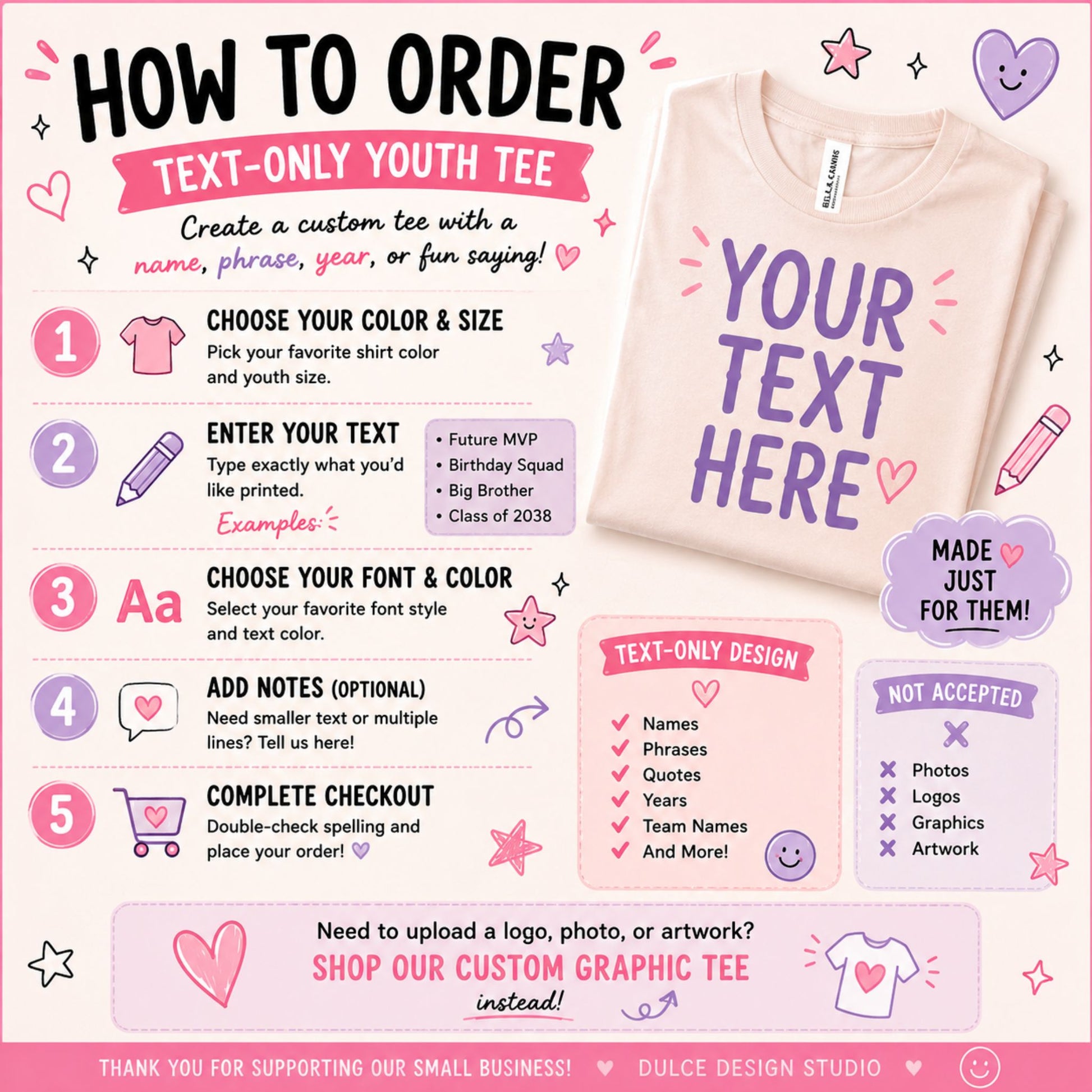 Instructions for ordering a text-only youth tee with a pink t-shirt and text overlay on a pink background.