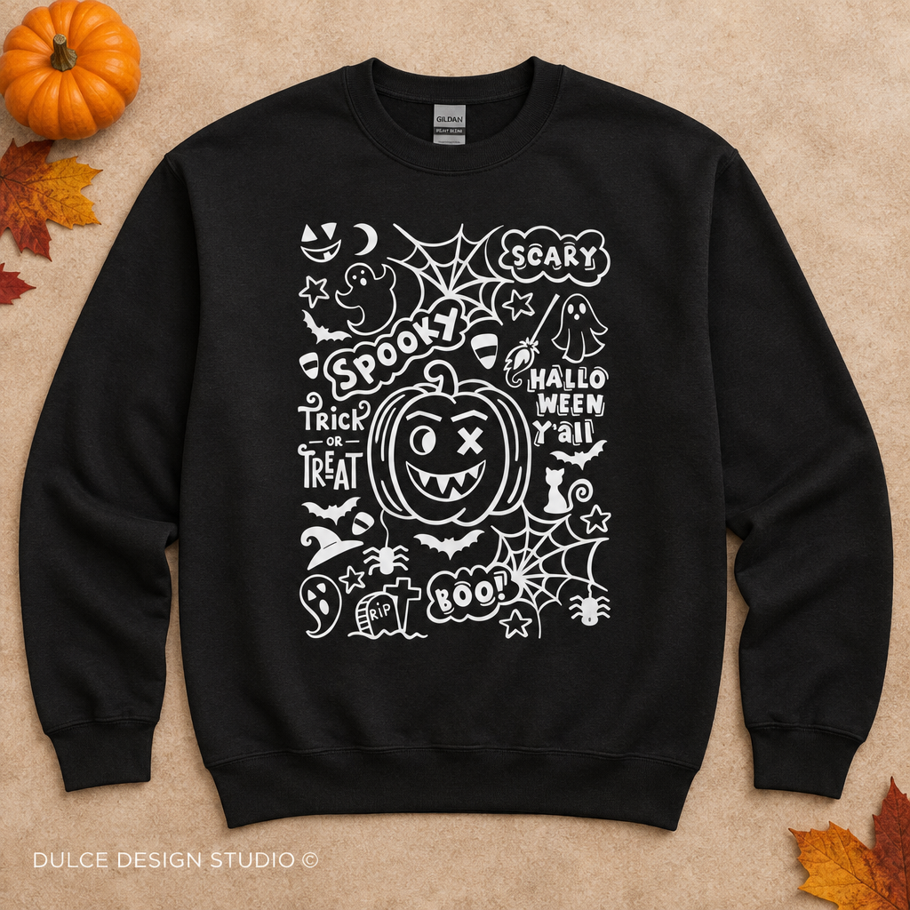 Cute Halloween Typography black crewneck flat lay