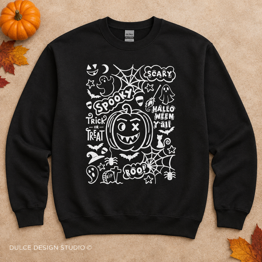Cute Halloween Typography black crewneck flat lay