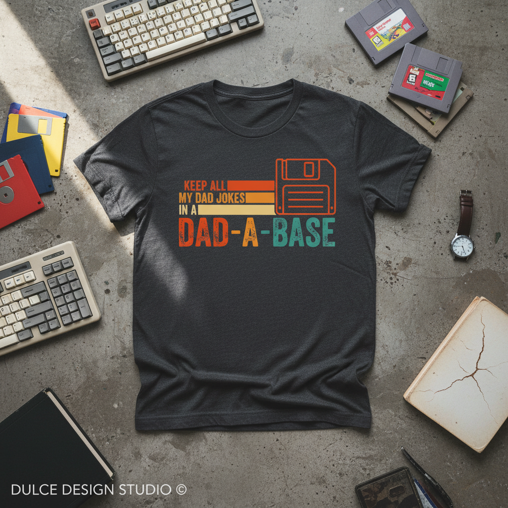 Black t-shirt with colorful text design on a concrete surface with vintage computer accessories.