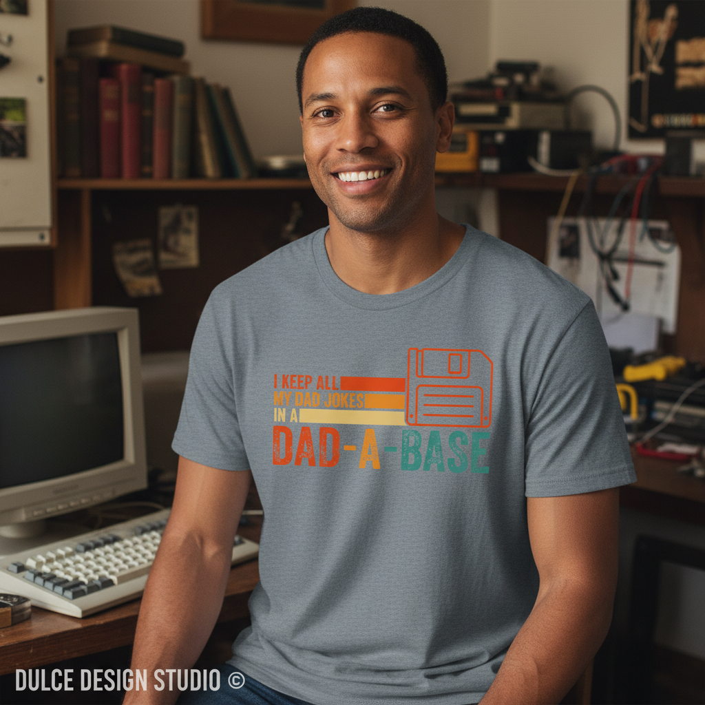 Man wearing a t-shirt with a retro-themed design in a room with vintage computer equipment.