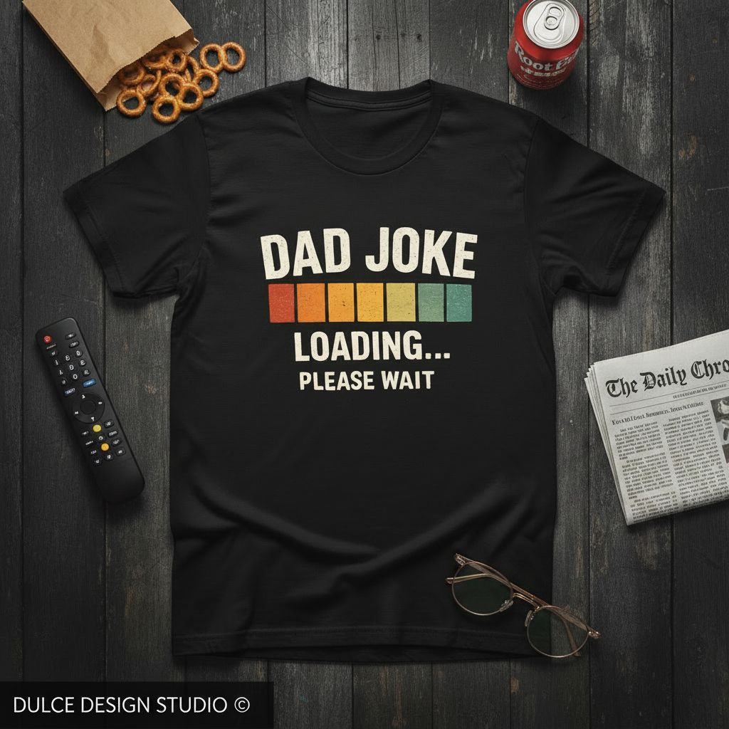 Black t-shirt with 'Dad Joke Loading... Please Wait' text on a wooden surface with everyday items.
