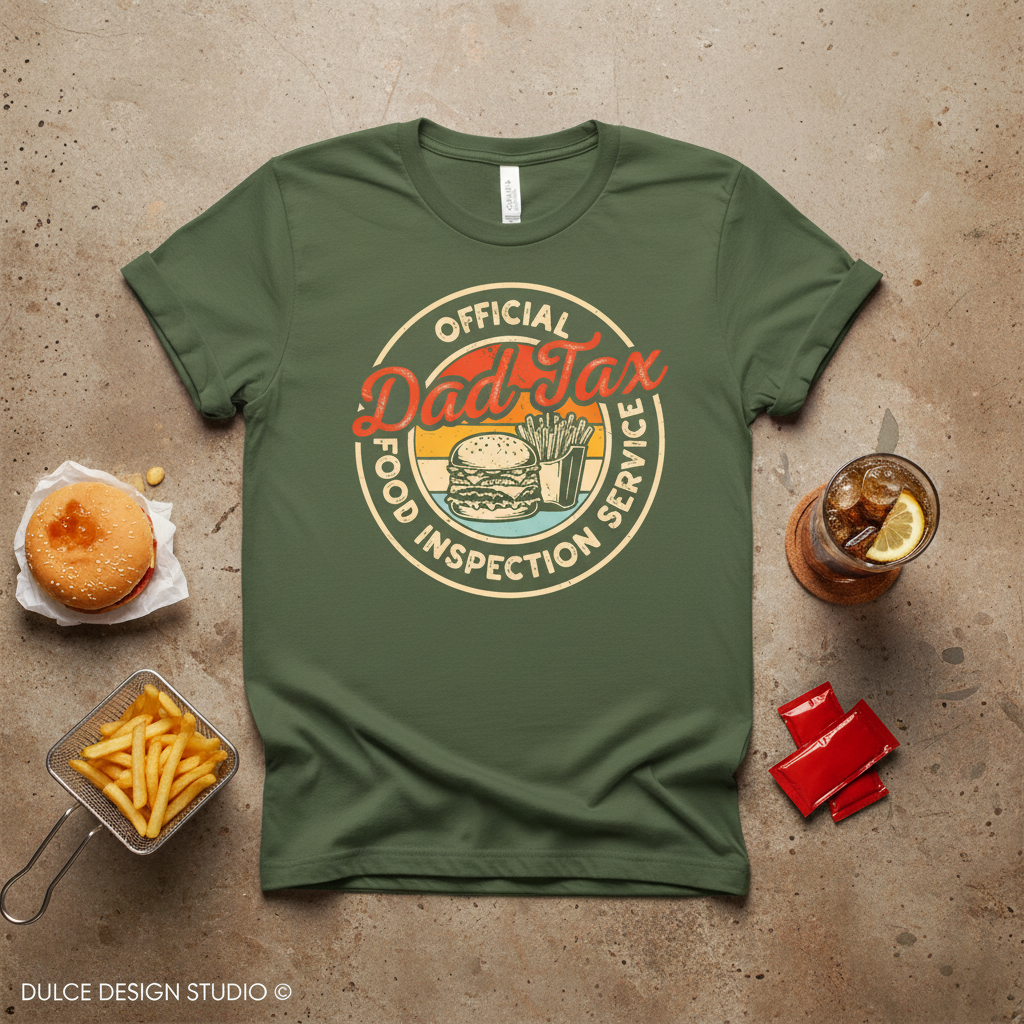military Green t-shirt with 'Official Dad Tax Food Inspection Service' graphic on a textured surface with food items.