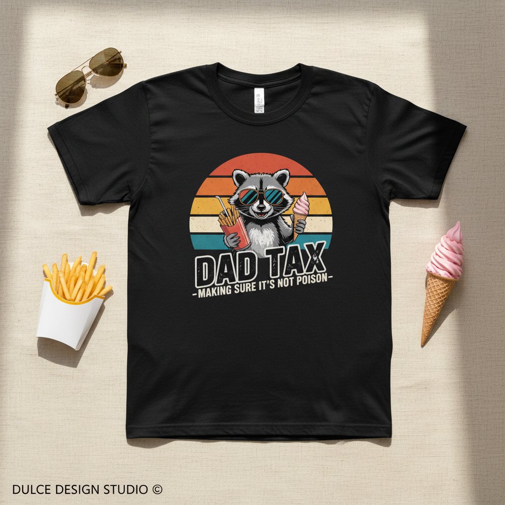 Black t-shirt with a raccoon graphic and text 'Dad Tax' on a beige surface with sunglasses, fries, and ice cream.