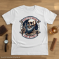 Vintage White t-shirt with a graphic design featuring a skeleton with a beard and text on a wooden surface.