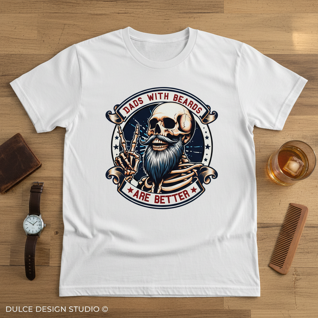Vintage White t-shirt with a graphic design featuring a skeleton with a beard and text on a wooden surface.