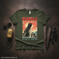 Military Green t-shirt with Godzilla graphic on a textured surface with beer can and sunglasses.