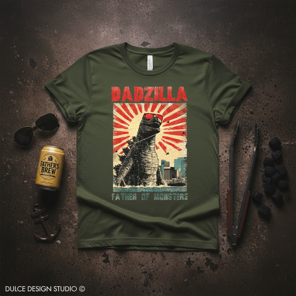 Military Green t-shirt with Godzilla graphic on a textured surface with beer can and sunglasses.