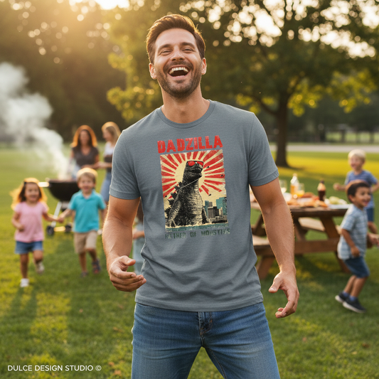 Man wearing a Godzilla t-shirt in a park with children and a grill in the background