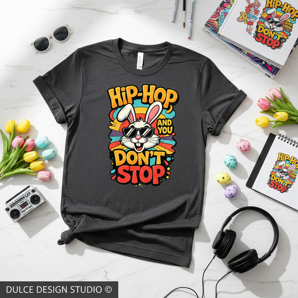 Dark Heather Gray t-shirt with colorful 'Hip-Hop and You Don't Stop' design on a white surface with stationery items.