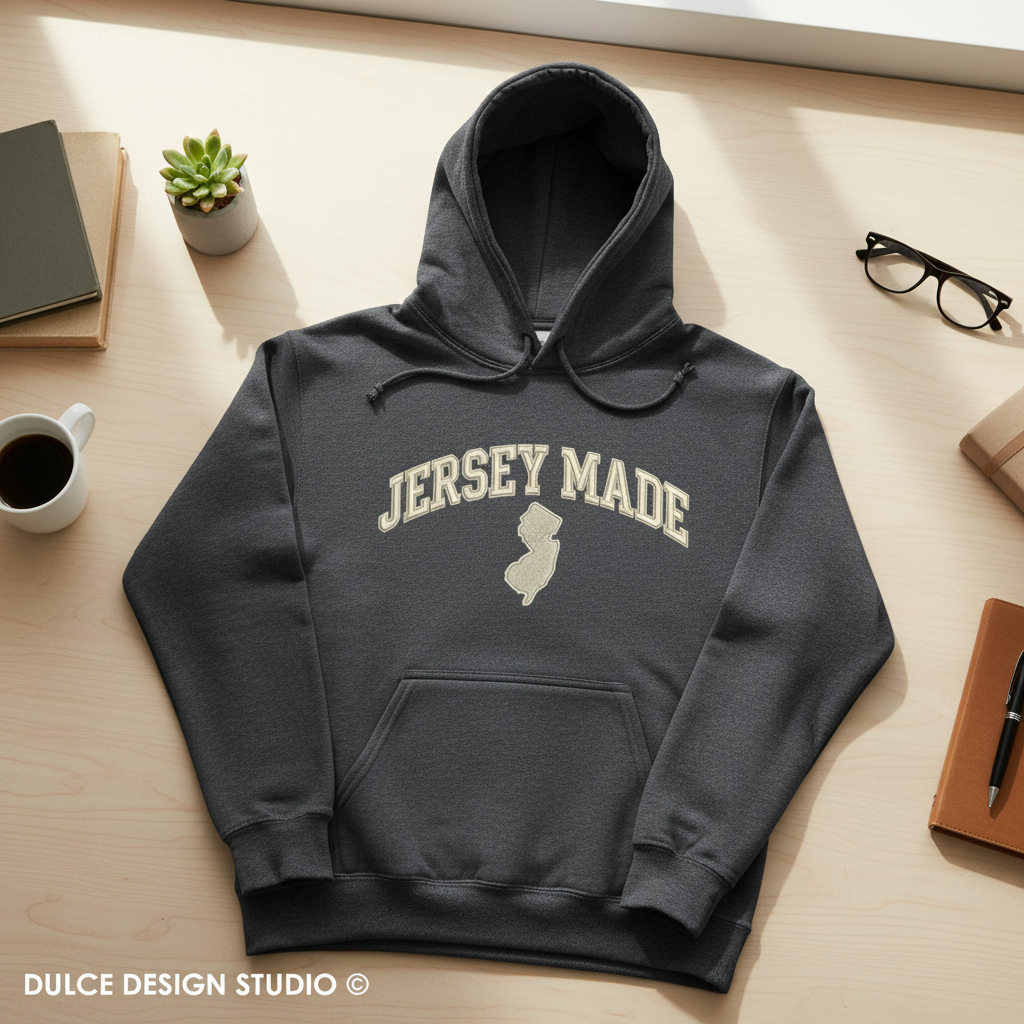 Dark gray hoodie with 'Jersey Made' text on a wooden surface with office items.