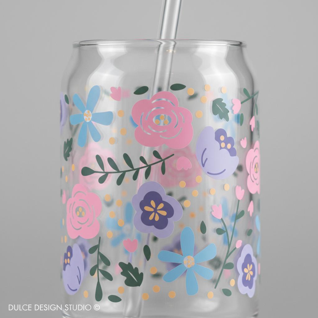 Clear tumbler with floral design and straw on a gray background