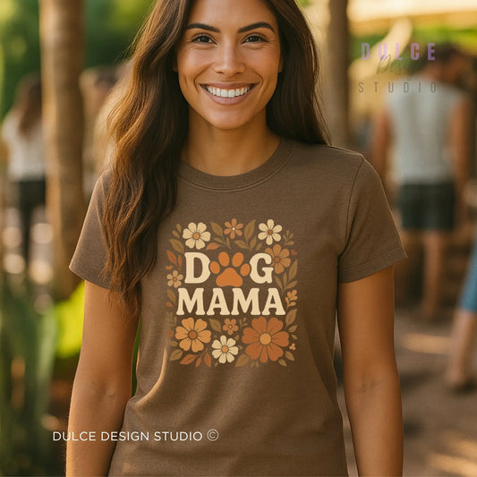Dog Mama – Retro Floral Paw Print Tee - Dulce Design Studio