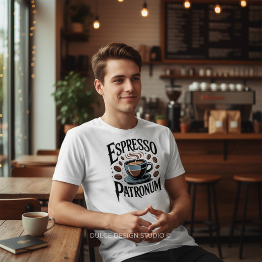Espresso Patronum Male Model White Tee Mockup