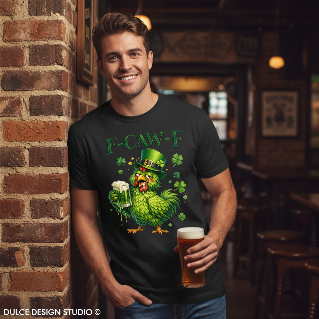 Man wearing a black t-shirt with a green parrot design holding a beer, standing in a bar.