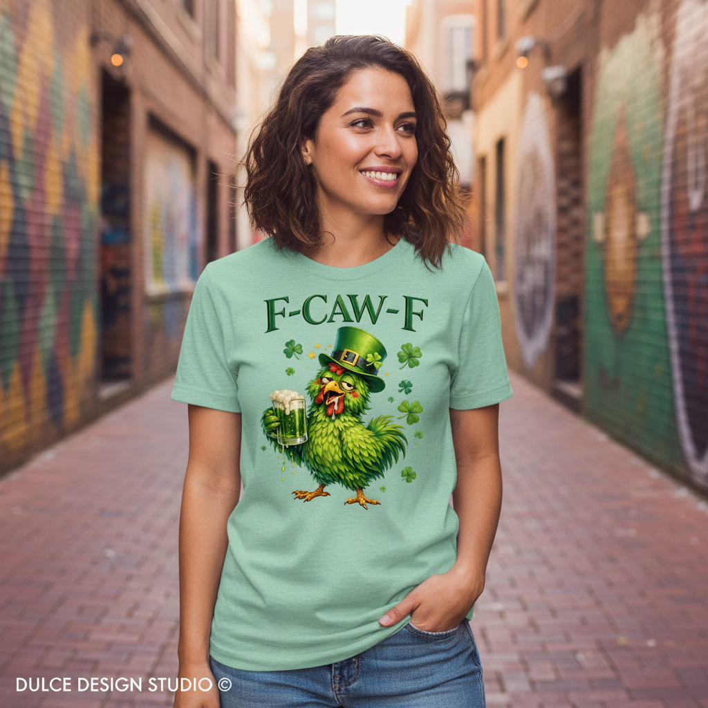 Woman wearing a green t-shirt with a graphic design and text, standing in an alleyway.
