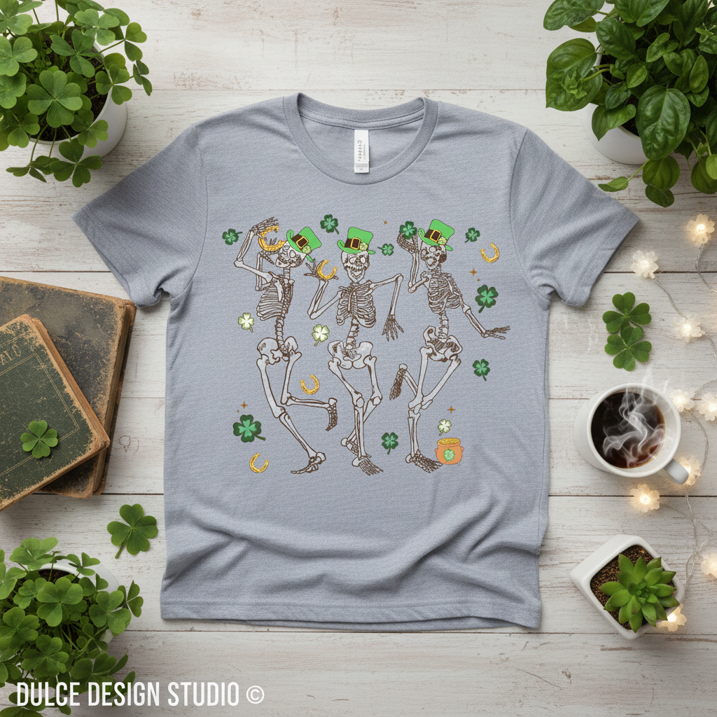 Flat lay of athletic heather t-shirt with dancing skeletons design