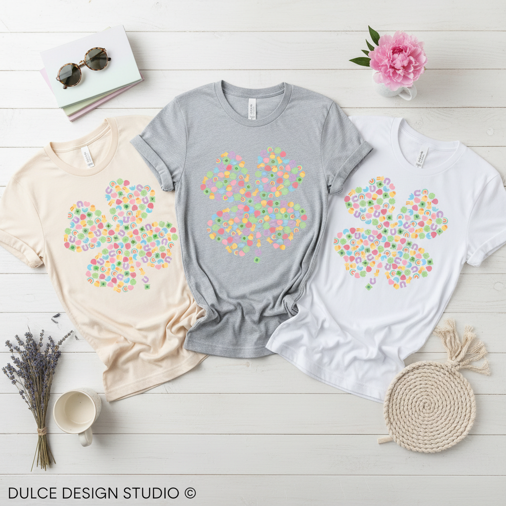 Flat lay of Bella Canvas tees in soft cream, athletic heather, and white with heart design