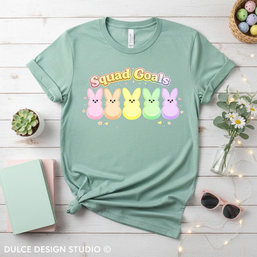 Mint green t-shirt with Peeps characters and 'Squad Goals' text on a wooden surface with decorative items.